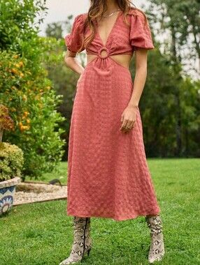 Salmon Cut-out Ring Midi Textured Honeycomb Dress With Puff Sleeves